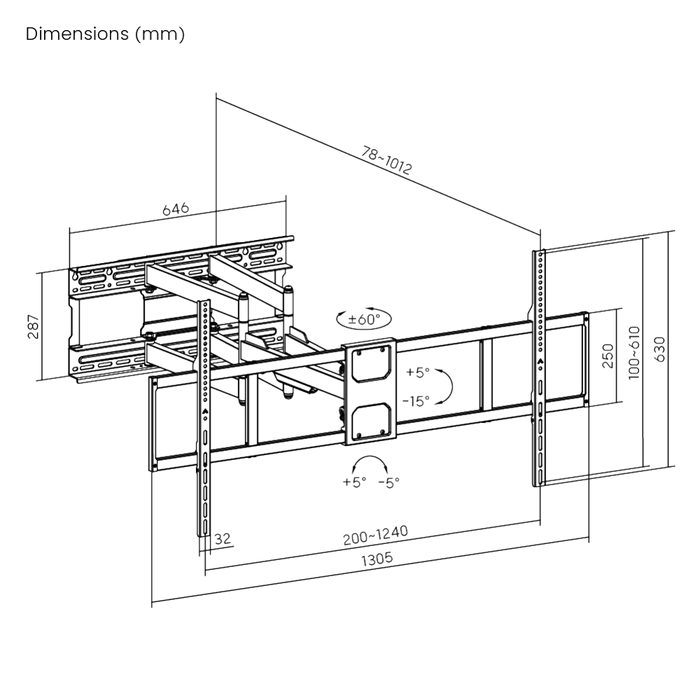 Wolff Mount Ultra Heavy Duty muurbeugel voor Samsung tot 140 inch – maattekening