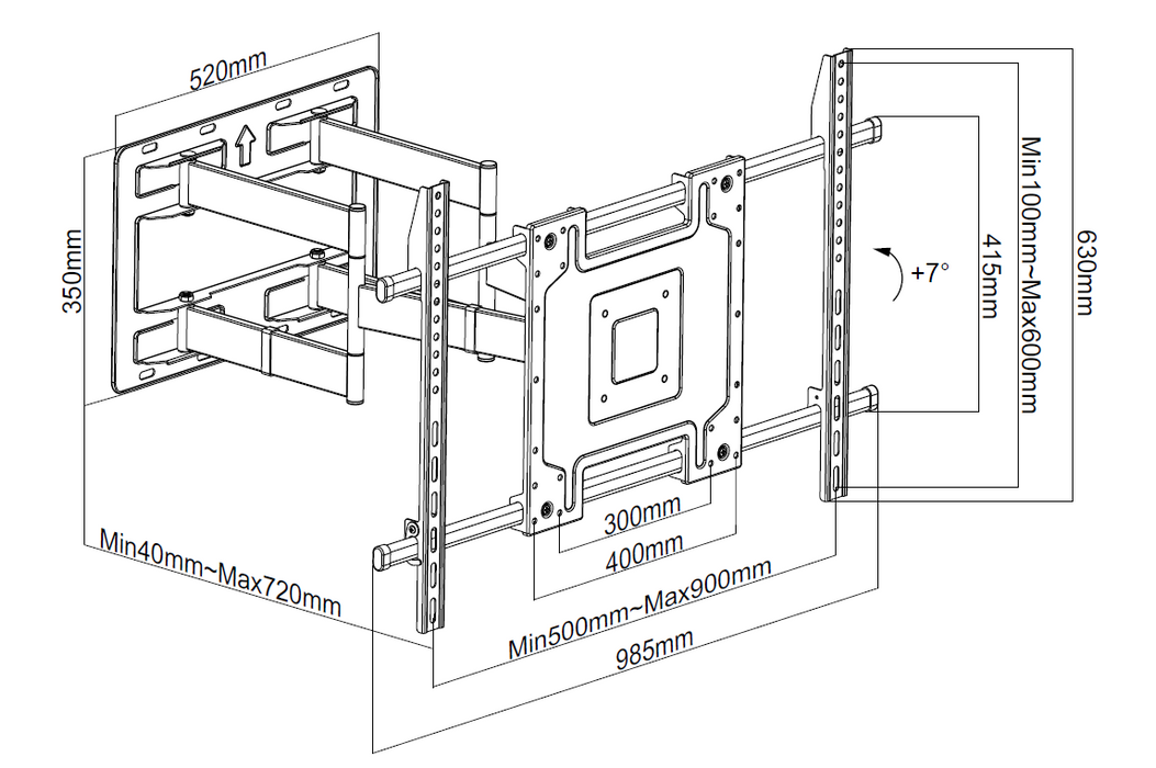 TV Muurbeugel – 50″ t/m 100″ | Extra Sterk tot 100 kg | VESA 300×300 t/m 900×600 | 4–72 cm Uittrekbaar