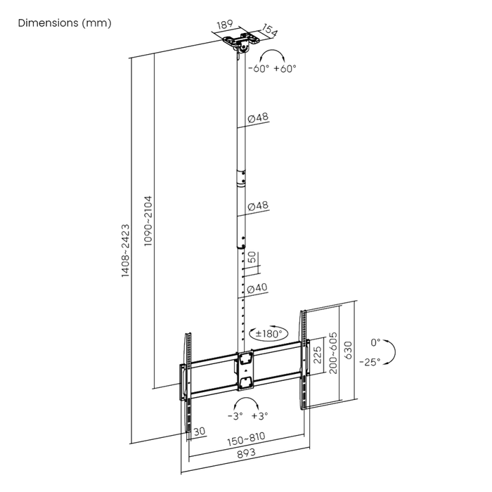 Wolff Mount Deckenhalterung 50-100 Zoll – Universal für Samsung, Philips, LG, TCL &amp; Hisense